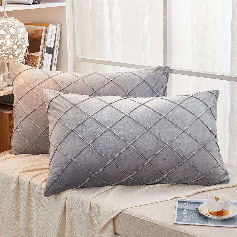 JAUXIO Diamond Pinch Pleated Crystal Velvet Pillowcases 2 Pack Solid Pintuck Throw Cushion Cover for Home Decor Hidden Zipper Closure (Light Grey, King) - Image 1